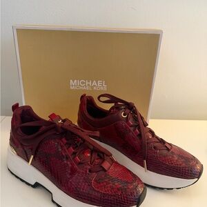 Michael Kors Red Burgundy Snake-Textured Platform Sneakers Womens 8.5
